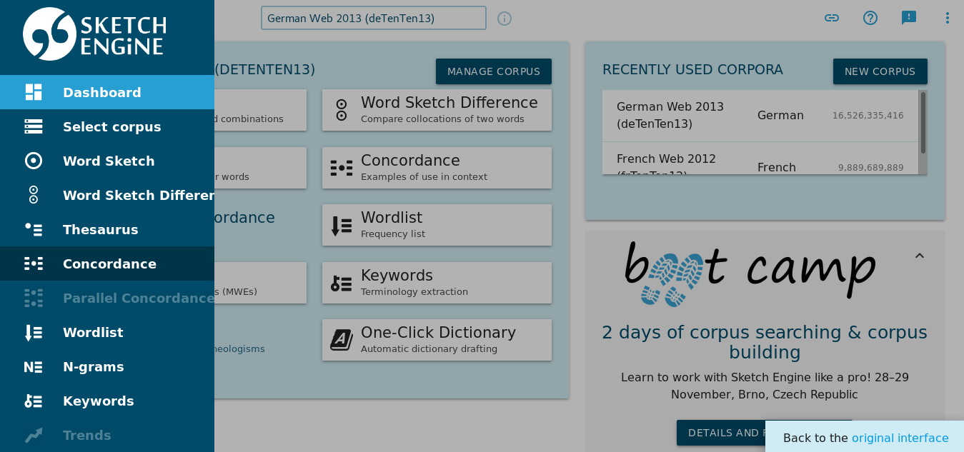 Selección de la sección Concordance en un corpus de Sketch Engine